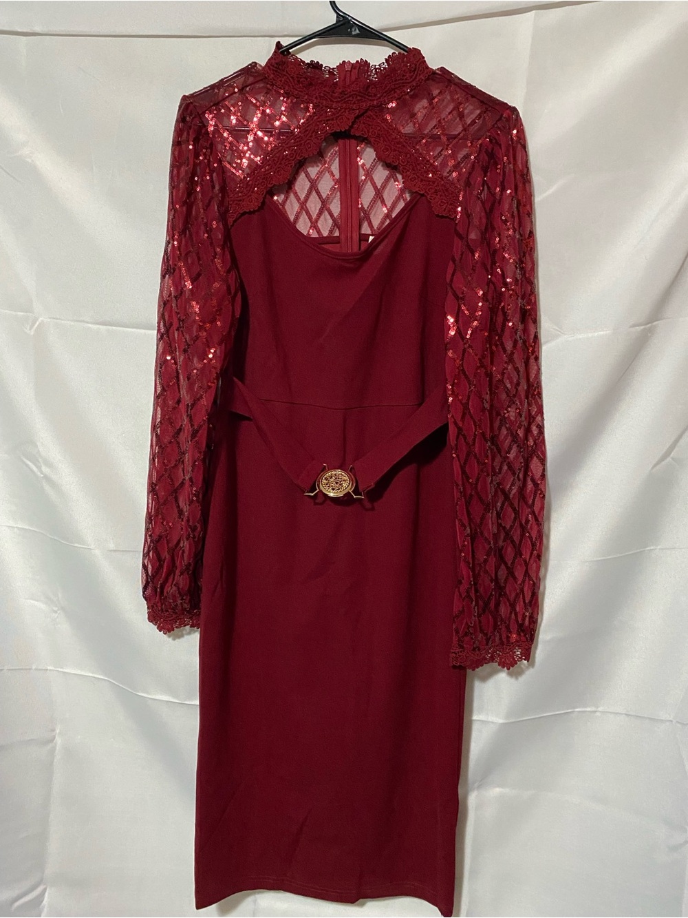 JJs House Burgundy Lace & Sequin Long-Sleeve Sheath Dress